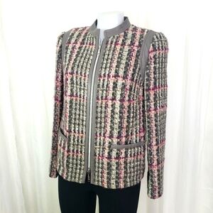Basler tweed knit zip front jacket faux leather trim silk lining large pink gray